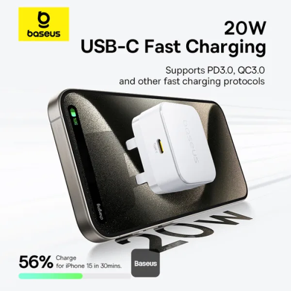 BASEUS PALM FAST CHARGER 1C 20W UK INCLUDE USB C USB C CABLE MOON WHITE  P1011160C213 thumbnail 7
