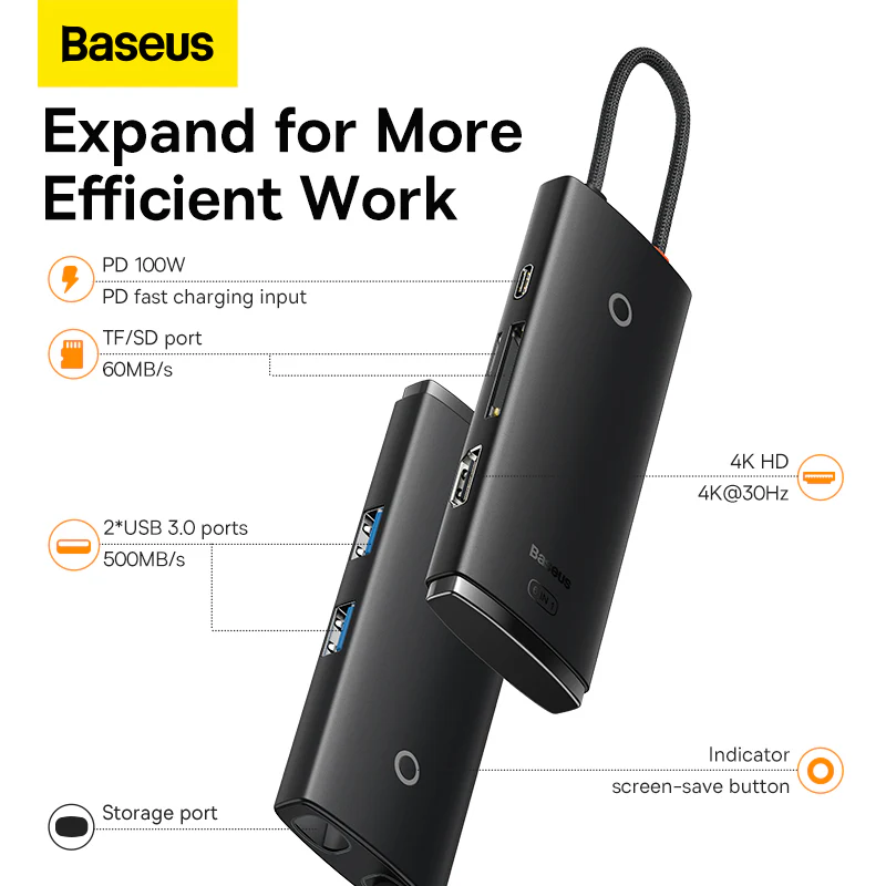 BASEUS LITE SERIES 6 PORT TYPE C HUB DOCKING STATION BLACK BS-0H019 thumbnail 16
