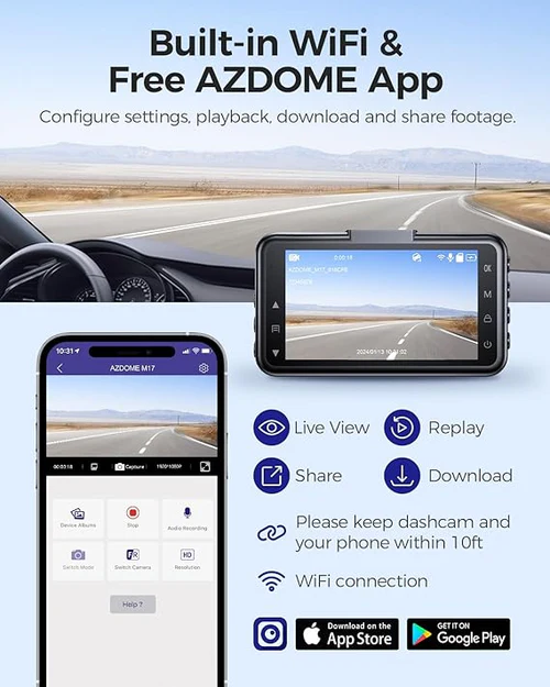 AZDOME FullHD Front & Rear Dash Camera Kit with WiFi - M17 Pro WR02 thumbnail 11