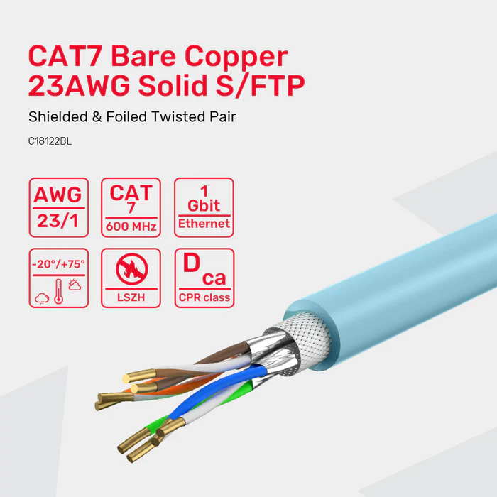 UNITEK NETWORK CABLE CAT 7 S/FTP RJ45 ETHERNET CABLE IN 305M LSZH-BLUE C18122BL thumbnail 10