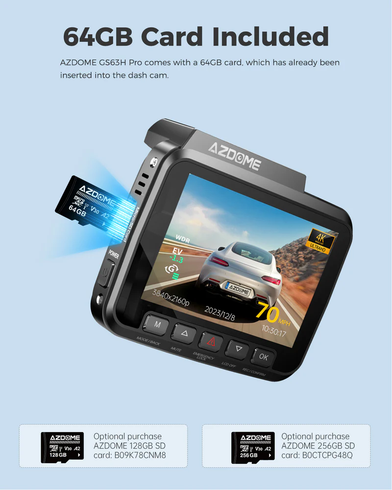 AZDOME 4K Front and Rear Dash Camera Kit with Wi-Fi, GPS, 64GB Memory Card - GS63H Pro thumbnail 2