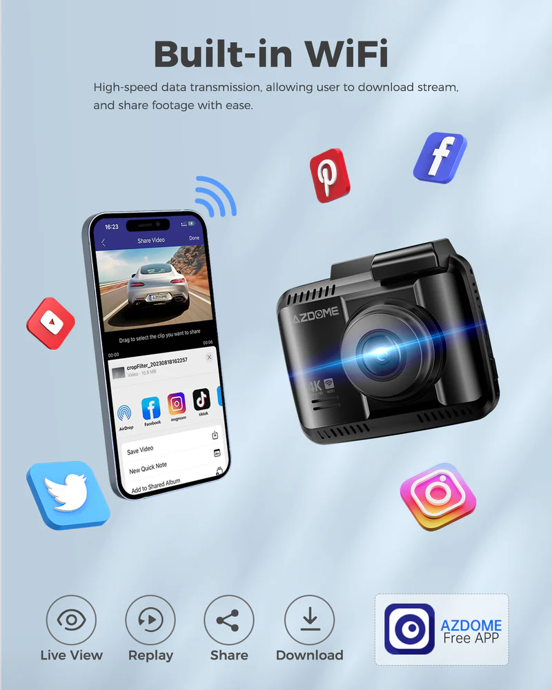 AZDOME 4K Front and Rear Dash Camera Kit with Wi-Fi, GPS, 64GB Memory Card - GS63H Pro thumbnail 11