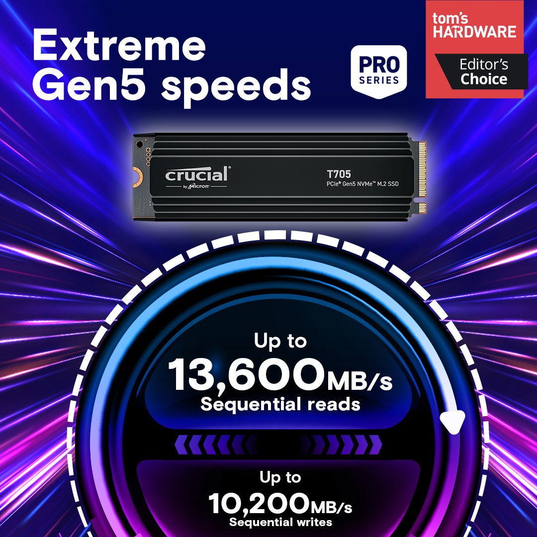 Crucial T705 1TB PCIe Gen5 NVMe M.2 SSD with Heatsink - Ultra-Fast Storage with Advanced Cooling thumbnail 7