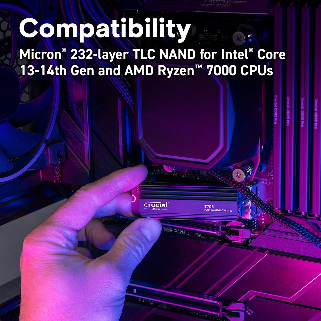 Crucial T705 1TB PCIe Gen5 NVMe M.2 SSD with Heatsink - Ultra-Fast Storage with Advanced Cooling thumbnail 10