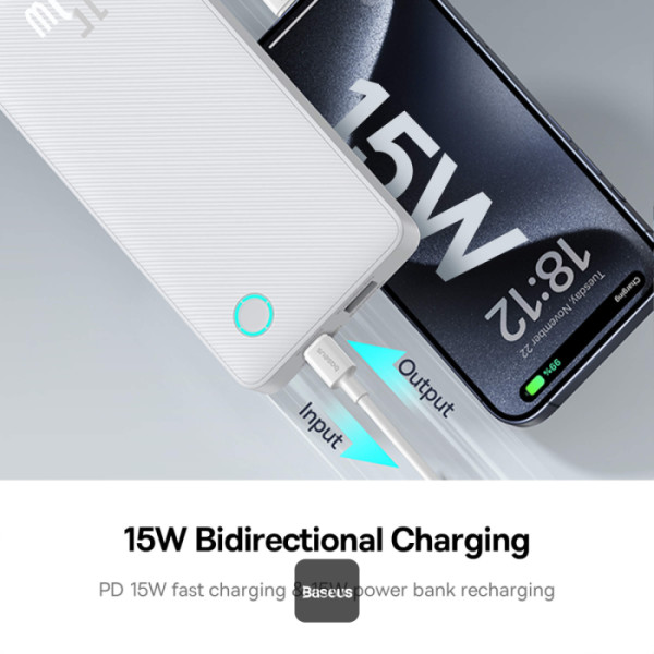 BASEUS AIRPOW LITE POWER BANK 10000MAH BIDIRECTIONAL FAST CHARGING 15W MOON WHITE PPAP10A thumbnail 6