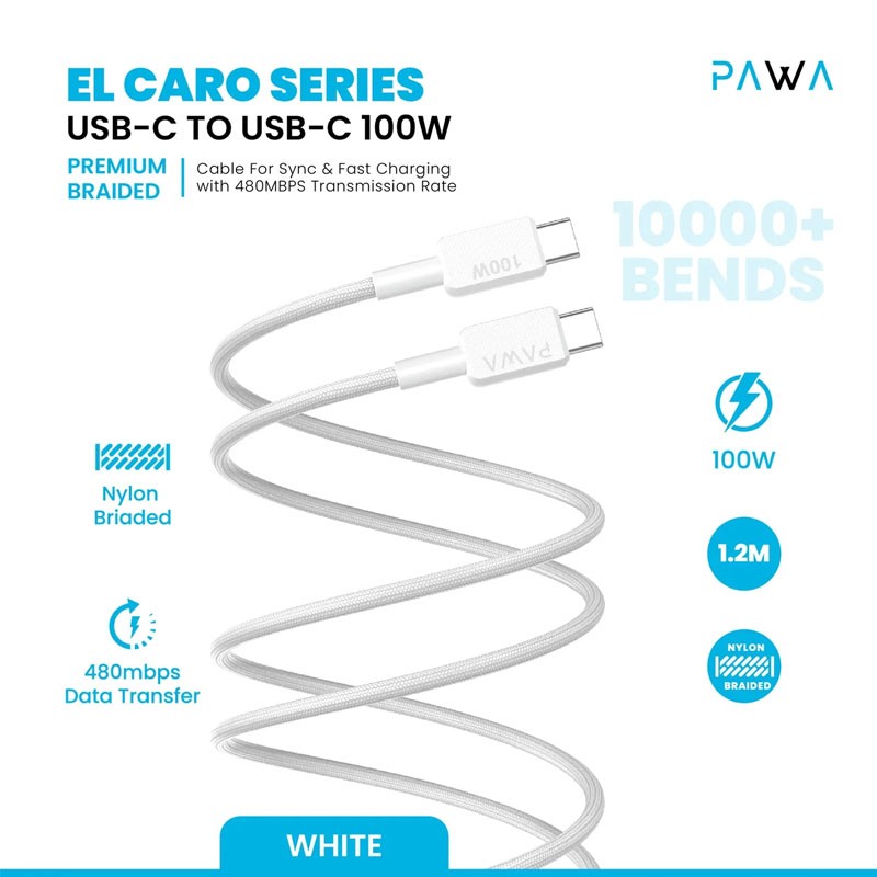 PAWA EL CARO SERIES USB C TO USB C 100W PREMIUM BRAIDED 1.2M CABLE WHITE PW-12B100CC-WH thumbnail 3