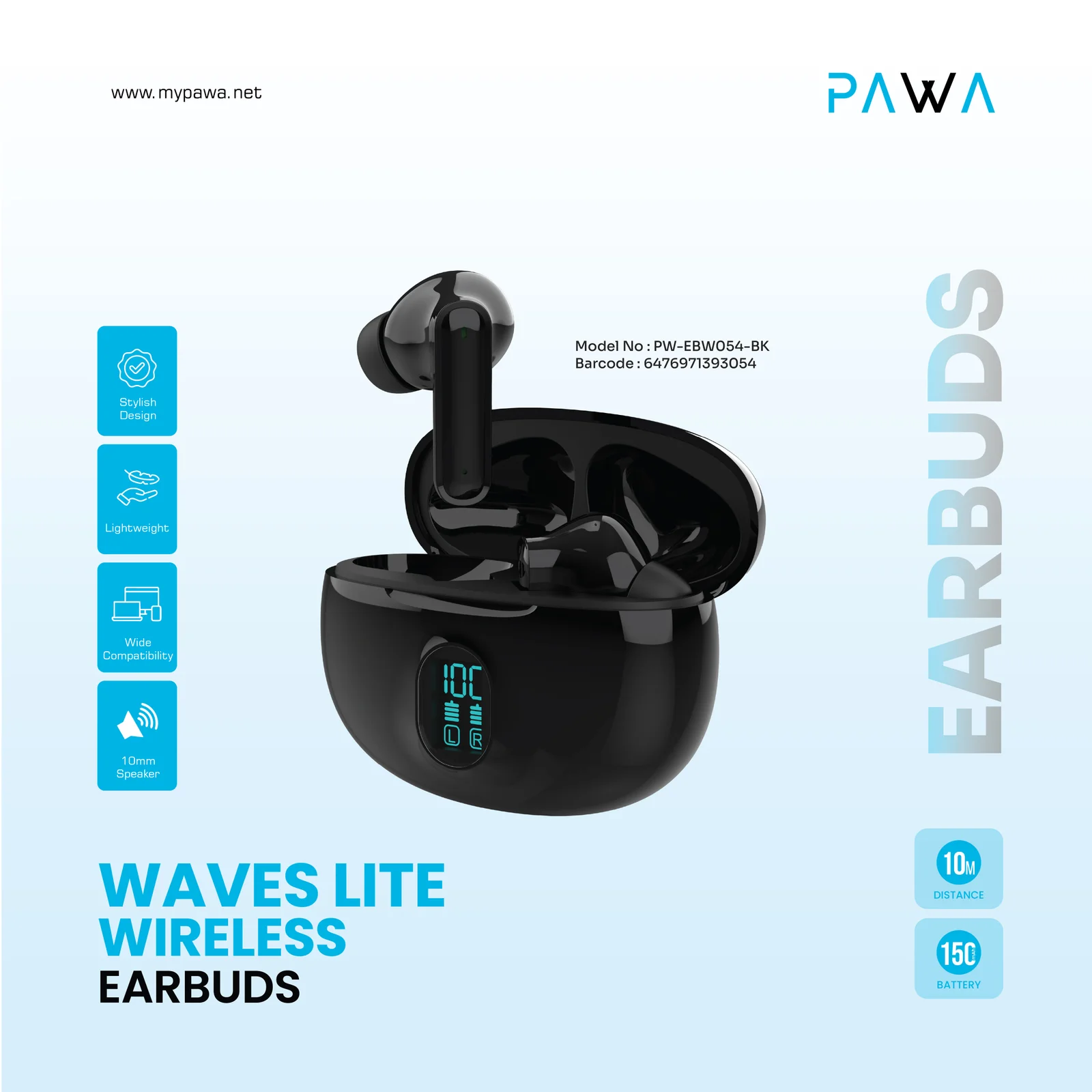 PAWA WAVES LITE WIRELESS EARBUDS BLACK PW-EBW054-BK thumbnail 6