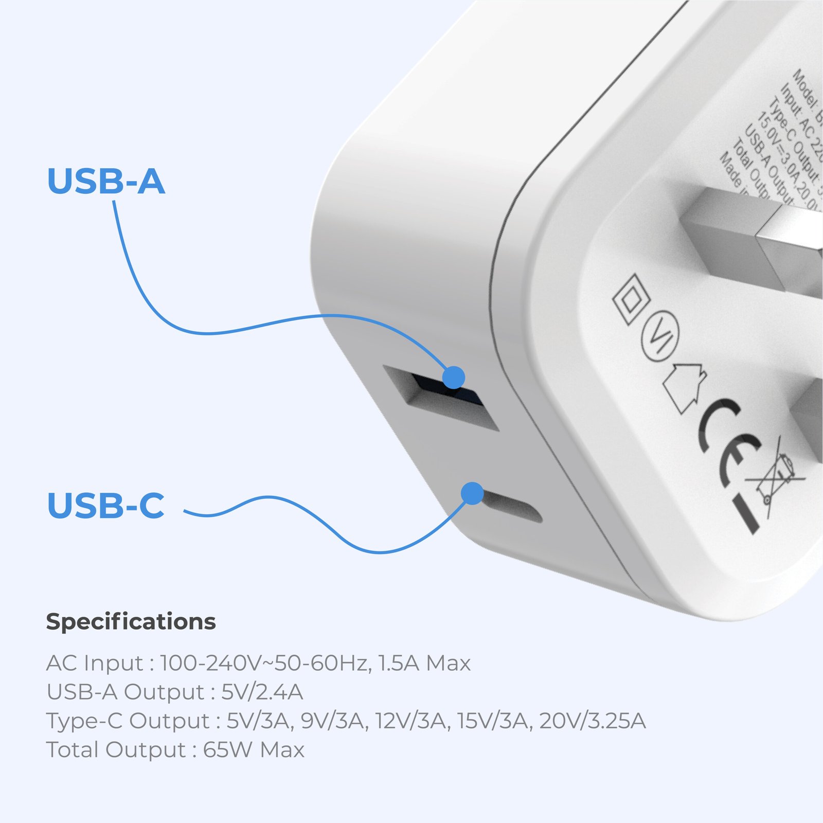 BLUPEBBLE 2 PORT PD GAN FAST CHARGER 65W WHITE BP-PD65GANUK-WH thumbnail 6