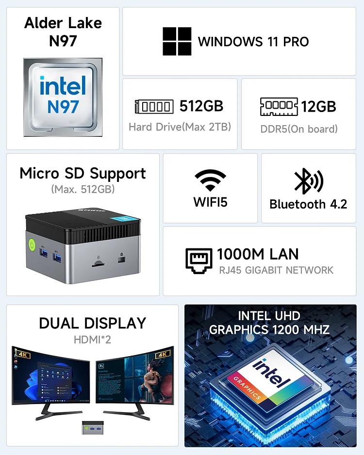 GMKtec Mini PC NUCBOX-G5 - Intel N97, 12GB RAM, 512GB SSD, Windows 11 Pro, Compact Design thumbnail 10