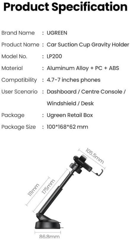 UGREEN GRAVITY PHONE HOLDER WITH SUCTION CUP BLACK 60990 thumbnail 16
