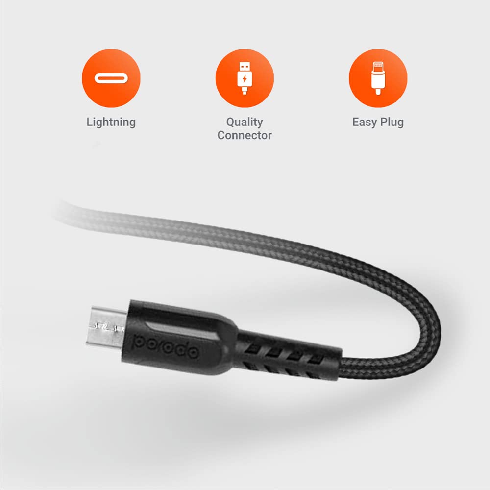 PORODO METTALIC CABLE BRAIDED 2A WITH MICRO USB CONNECTOR BLACK PD-MMETRP025-BK thumbnail 9