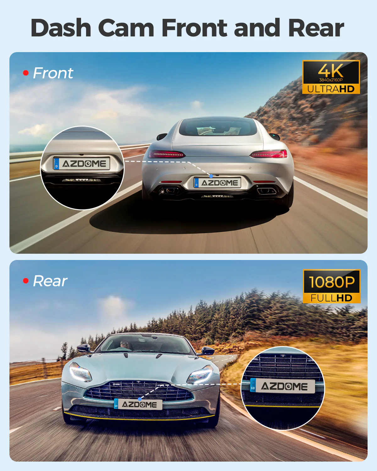 AZDOME 4K Front and Rear Dash Camera Kit with 64GB Memory Card - M300S thumbnail 12