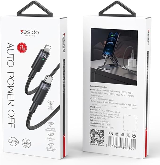YESIDO 27W USB-C TO LIGHTNING AUTO DISCONNECTING CHARGING CABLE 1.2M BLACK CA159 thumbnail 13