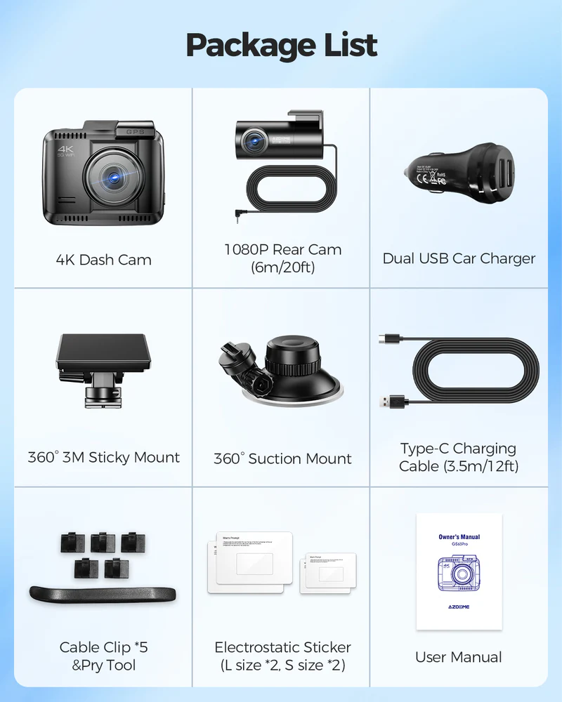 AZDOME Front and Rear Dash Camera Kit with 4K, Super Night Vision, 128GB eMMC - GS63 Pro thumbnail 9