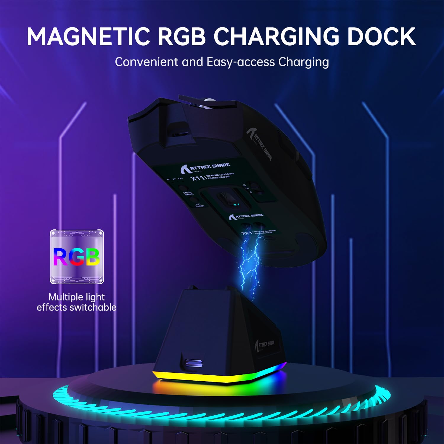 ATTACK SHARK LIGHTWEIGHT WIRELESS GAMING MOUSE WITH RGB CHARGING DOCK BLACK X11 thumbnail 12