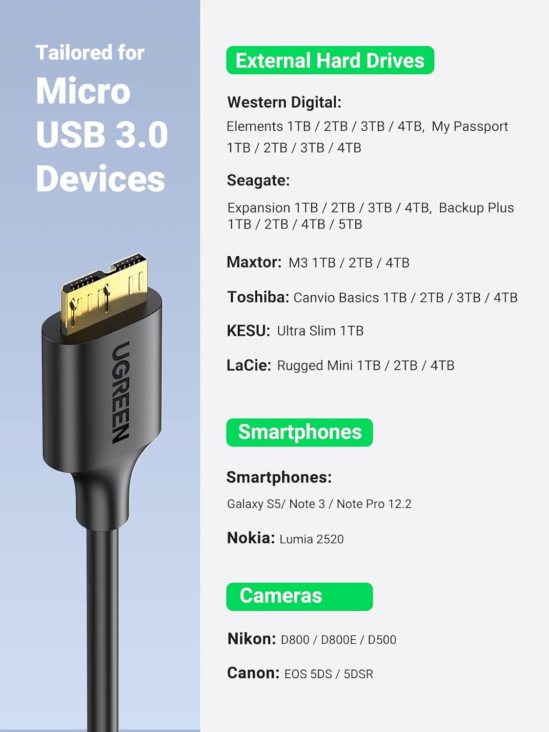 UGREEN USB 3.0 A MALE TO MICRO USB 3.0 MALE CABLE BLACK 2MM 10843 thumbnail 16