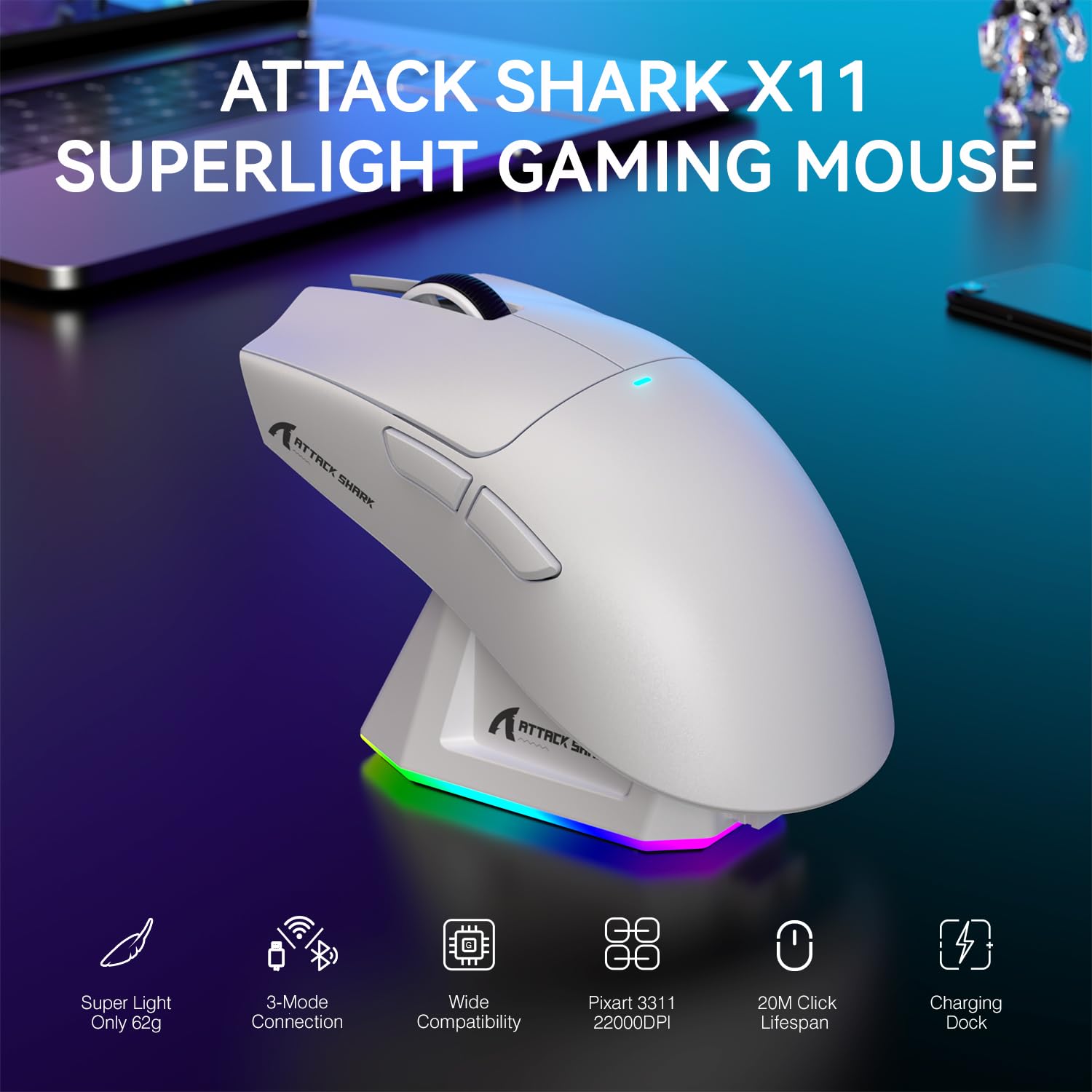 ATTACK SHARK LIGHTWEIGHT WIRELESS GAMING MOUSE WITH RGB CHARGING DOCK WHITE X11 thumbnail 11