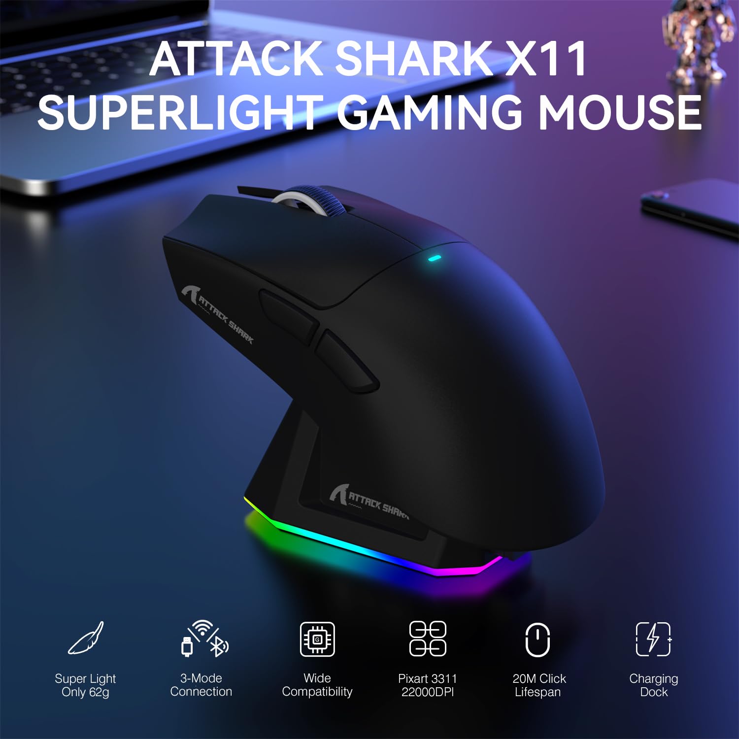 ATTACK SHARK LIGHTWEIGHT WIRELESS GAMING MOUSE WITH RGB CHARGING DOCK BLACK X11 thumbnail 11