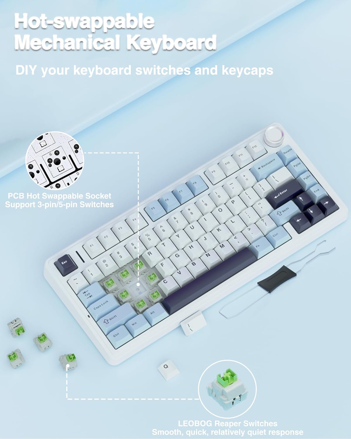 AULA f75 KEYS RGB 75% MECHANICAL GAMING KEYBOARD TRI-MODE KNOB ICE VEIN SWITCH LT BLU-WHT-PRP F75 thumbnail 5