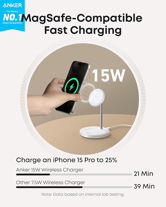 ANKER MAGGO WIRELESS 2-IN-1 DOCK STAND CHARGER AND 5FT USB C TO USB C CABLE WHITE A25M7H21 thumbnail 7