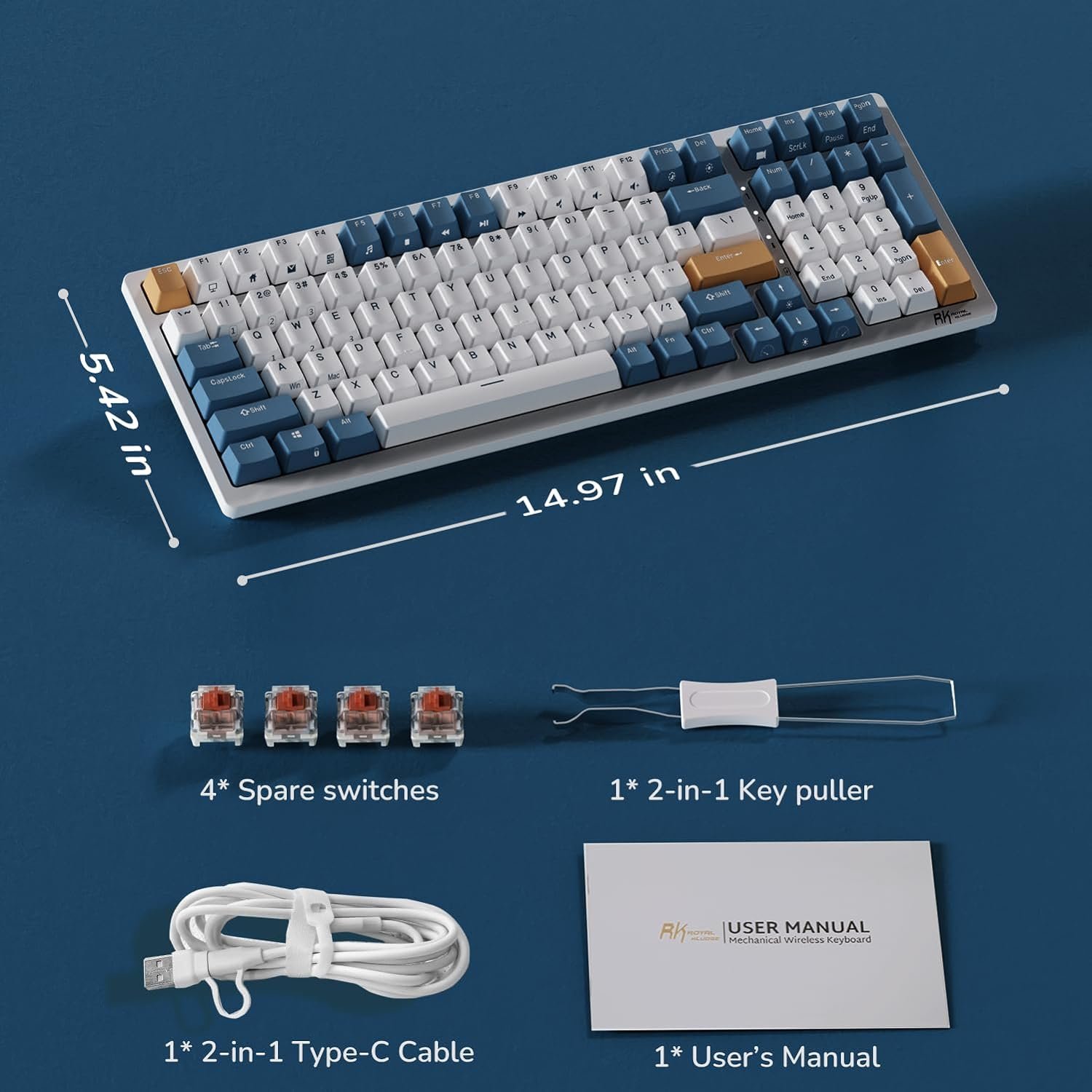 Royal Kludge RGB Tri-Modes Hot-Swap Gaming Keyboard with Brown Switches in Klein Blue - RK98 thumbnail 12