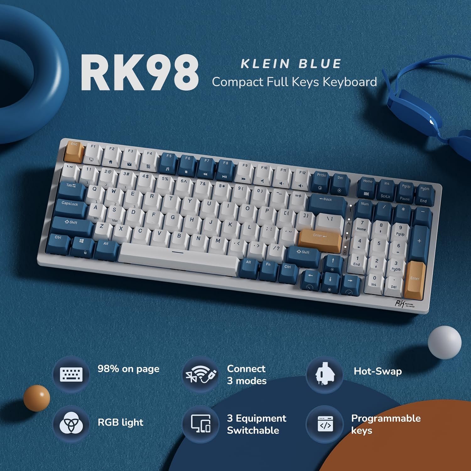 Royal Kludge RGB Tri-Modes Hot-Swap Gaming Keyboard with Brown Switches in Klein Blue - RK98 thumbnail 10