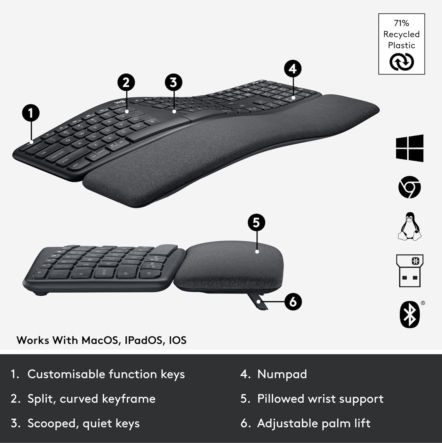 LOGITECH ERGO WIRELESS SPLIT KEYBOARD K860 ENGLISH 920-010359 thumbnail 18