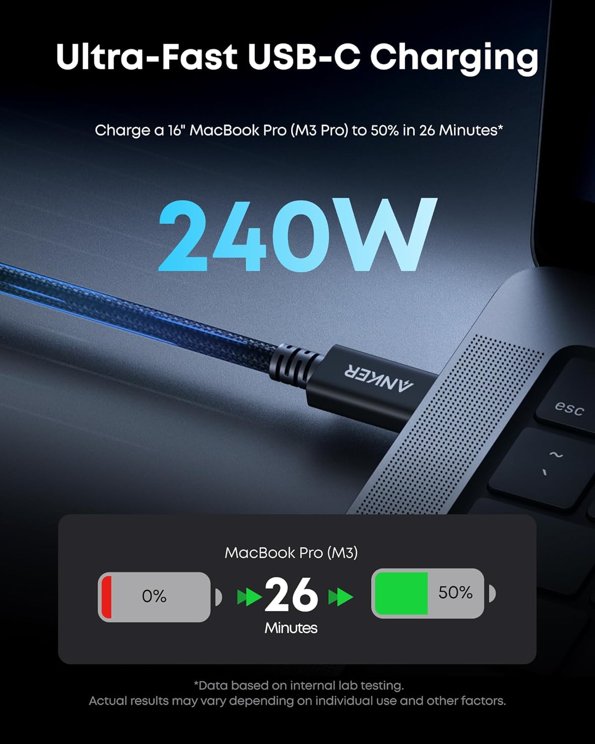 ANKER PRIME THUNDERBOLT 5 CABLE 3.3FT 80GBPS 240W BLACK A84N1012 thumbnail 10