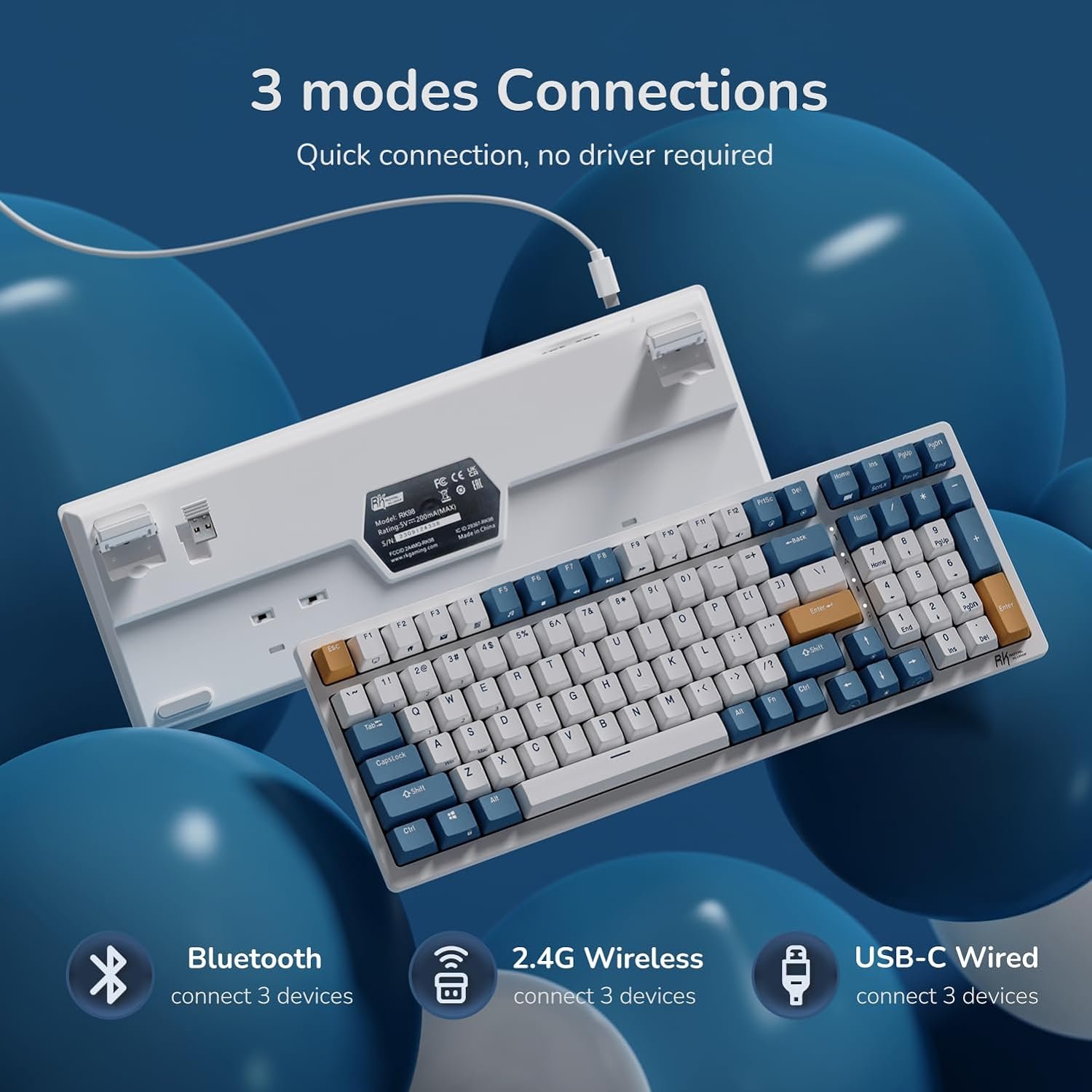 Royal Kludge RGB Tri-Modes Hot-Swap Gaming Keyboard with Brown Switches in Klein Blue - RK98 thumbnail 16