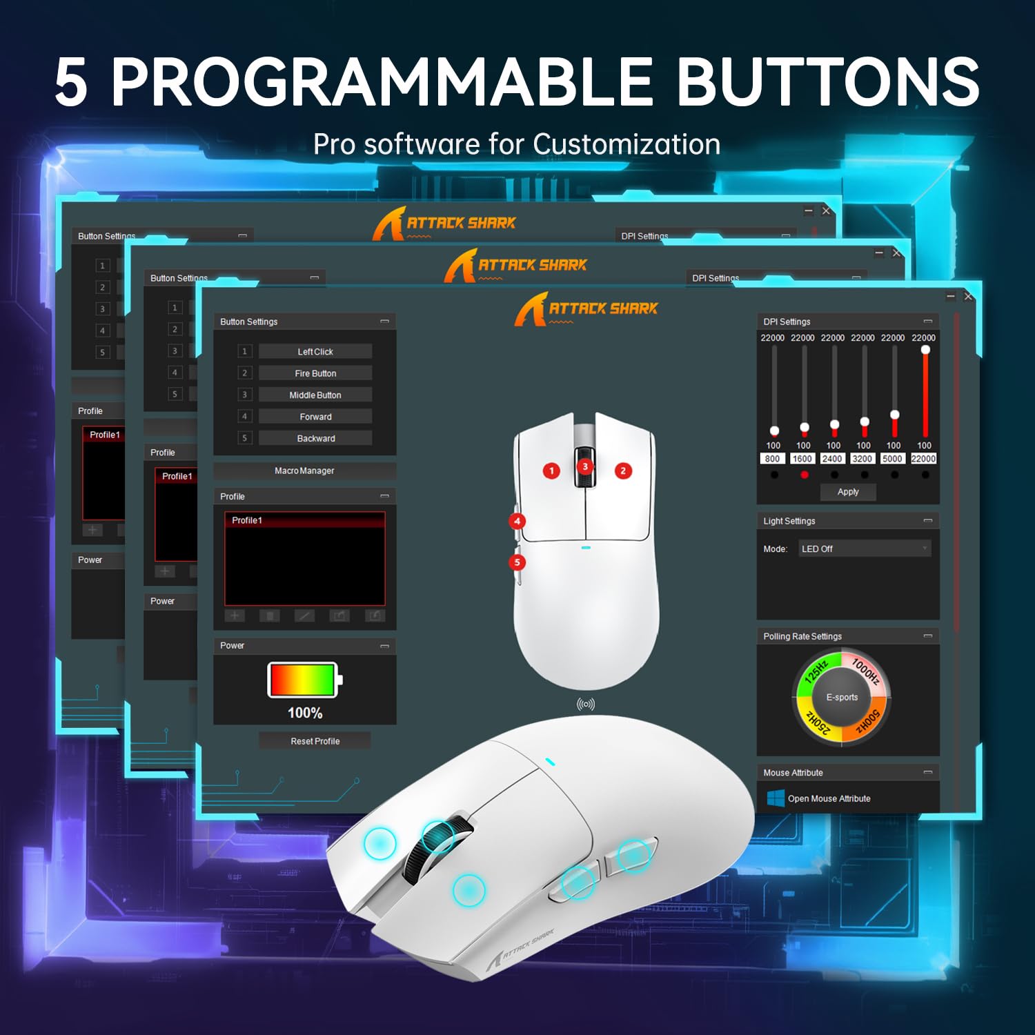 ATTACK SHARK LIGHTWEIGHT WIRELESS GAMING MOUSE WITH RGB CHARGING DOCK WHITE X11 thumbnail 17