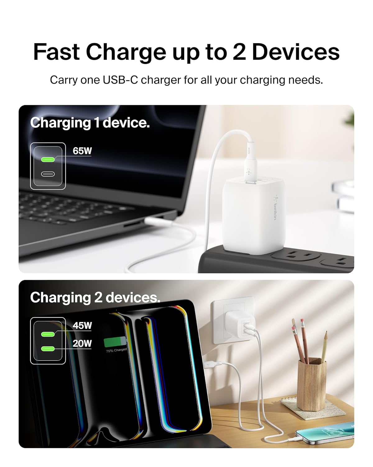 BELKIN BOOSTCHARGE COMPACT 45W USB C WALL CHARGER WHITE WCA013MYWH thumbnail 3