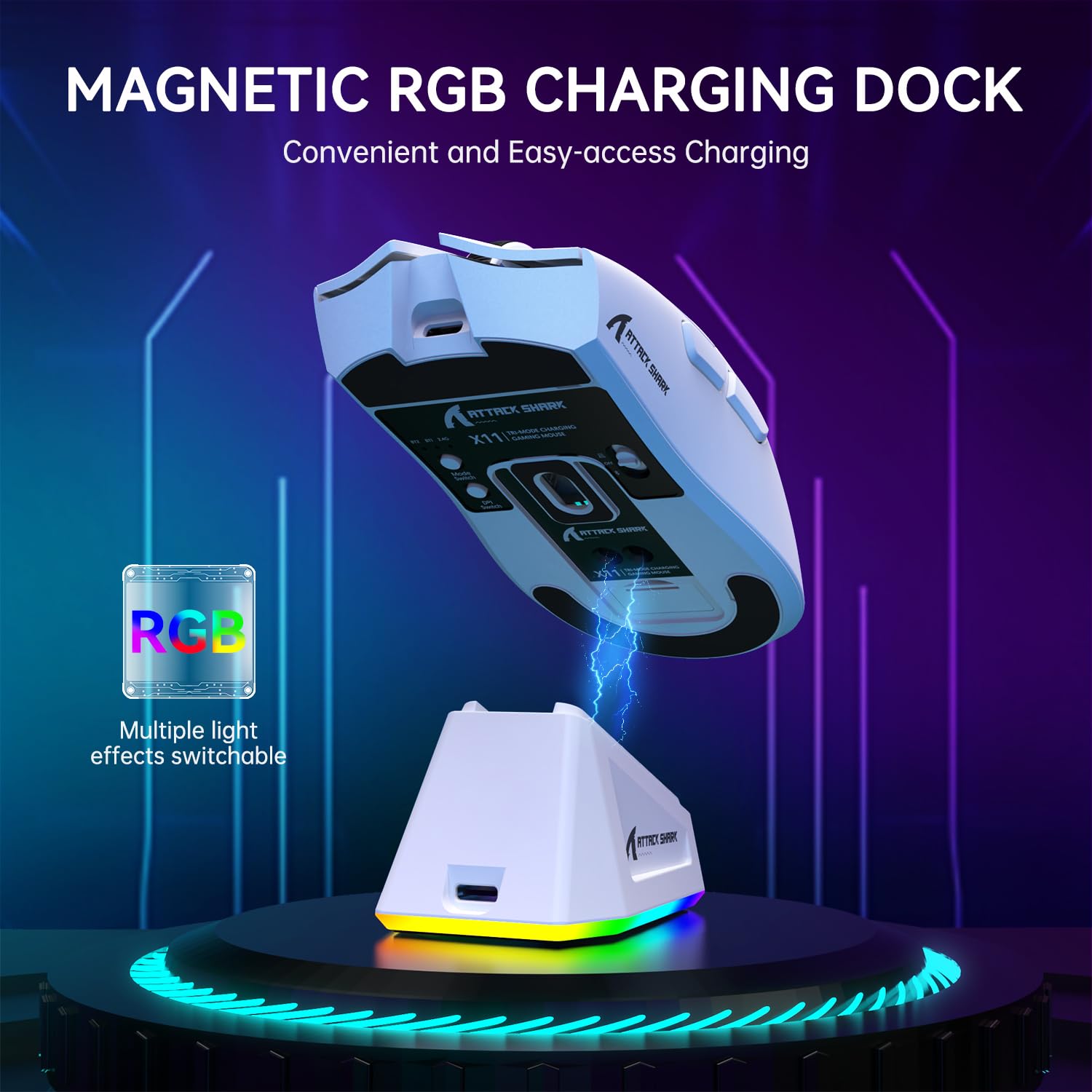 ATTACK SHARK LIGHTWEIGHT WIRELESS GAMING MOUSE WITH RGB CHARGING DOCK WHITE X11 thumbnail 13