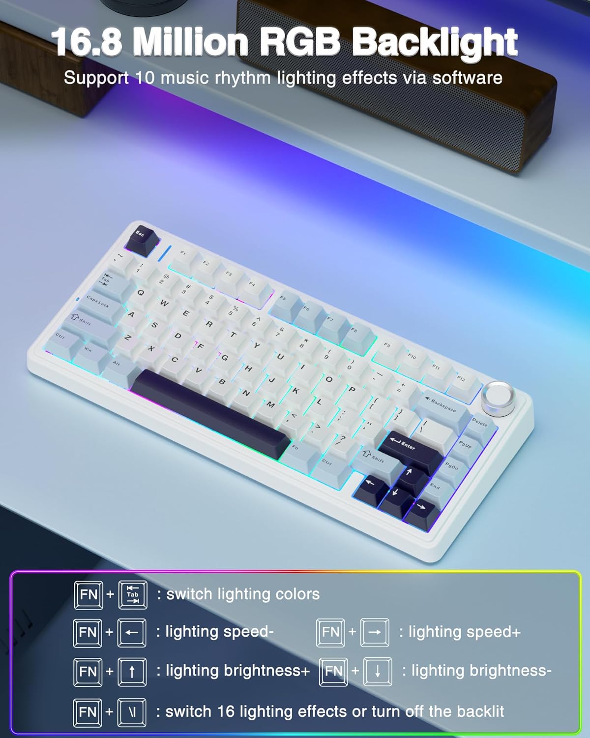 AULA f75 KEYS RGB 75% MECHANICAL GAMING KEYBOARD TRI-MODE KNOB ICE VEIN SWITCH LT BLU-WHT-PRP F75 thumbnail 6