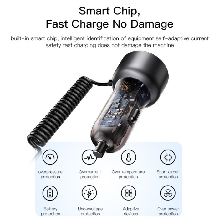 YESIDO 60W SUPER FAST CAR CHARGER WITH LIGHTNING TO TYPE C CABLE BLACK Y58 thumbnail 7