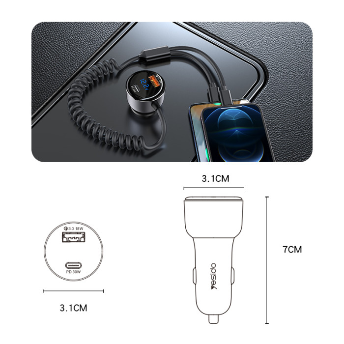 YESIDO 60W SUPER FAST CAR CHARGER WITH LIGHTNING TO TYPE C CABLE BLACK Y58 thumbnail 6
