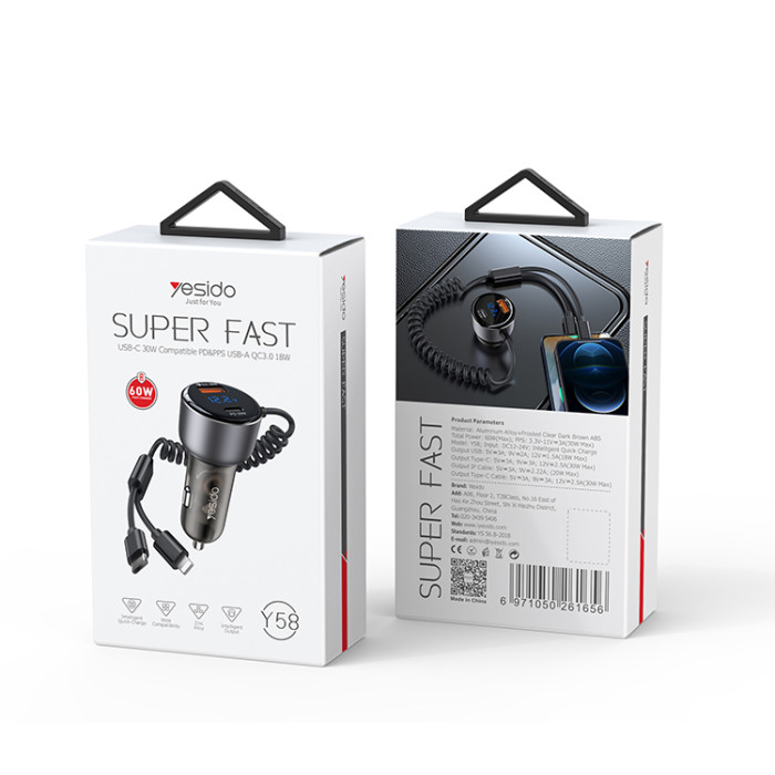 YESIDO 60W SUPER FAST CAR CHARGER WITH LIGHTNING TO TYPE C CABLE BLACK Y58 thumbnail 9