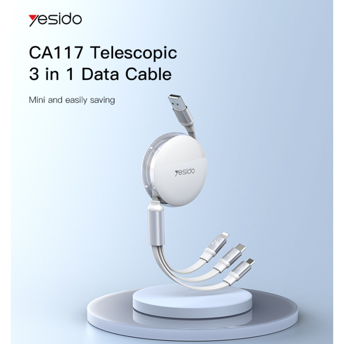 YESIDO 3 IN 1 RETRACTABLE CABLE FOR LIGHTNING MICRO AND TYPE-C CABLE CA117 thumbnail 9