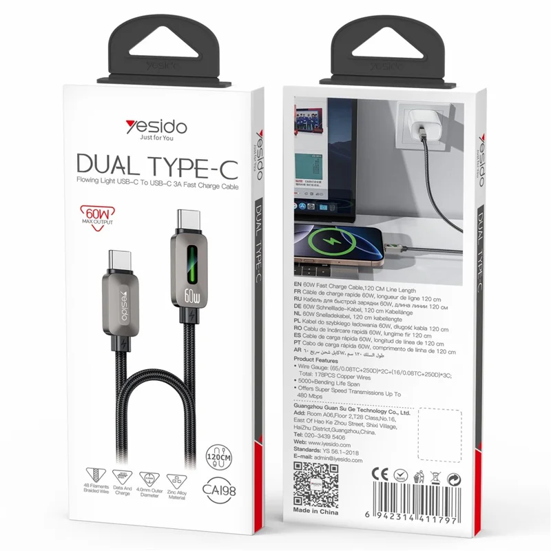 YESIDO TYPE C TO TYPE C 60W CABLE GREY CA198 thumbnail 10