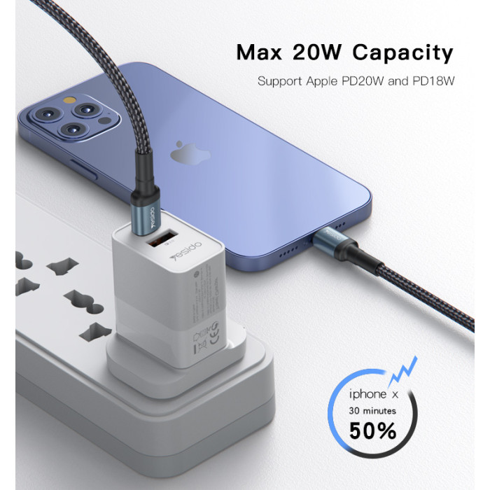 YESIDO 20W USB-C TO LIGHTNING CABLE 1.2M BLACK CA76 thumbnail 6