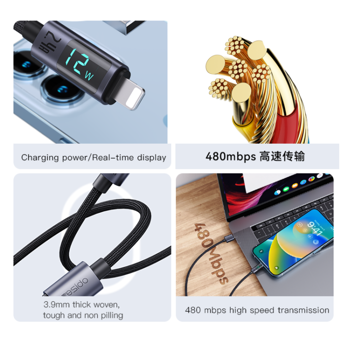 YESIDO USB A TO LIGHTNING CALE 12W GREY CA137L thumbnail 2