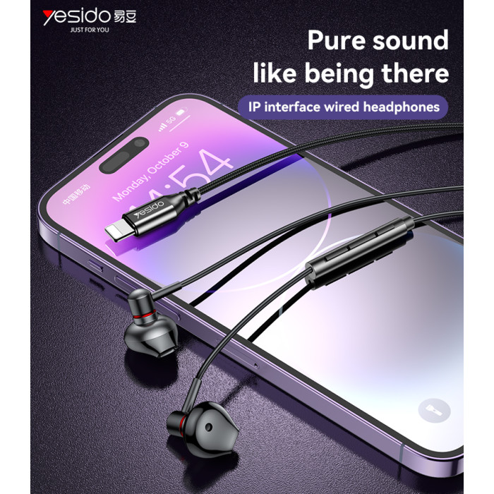 YESIDO ALUMINIUM ALLOY LIGHTNING WIRED EARPHONE BLACK YH48 thumbnail 6