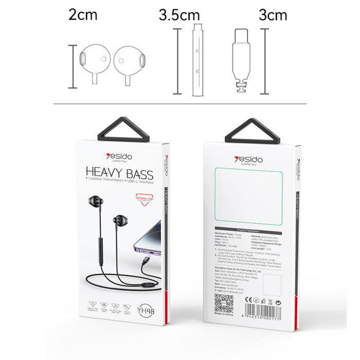 YESIDO ALUMINIUM ALLOY LIGHTNING WIRED EARPHONE BLACK YH48 thumbnail 9