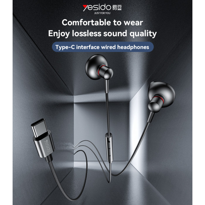 YESIDO ALUMINIUM ALLOY USB-C WIRED EARPHONE BLACK YH49 thumbnail 6