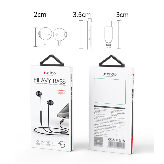 YESIDO ALUMINIUM ALLOY USB-C WIRED EARPHONE BLACK YH49 thumbnail 9