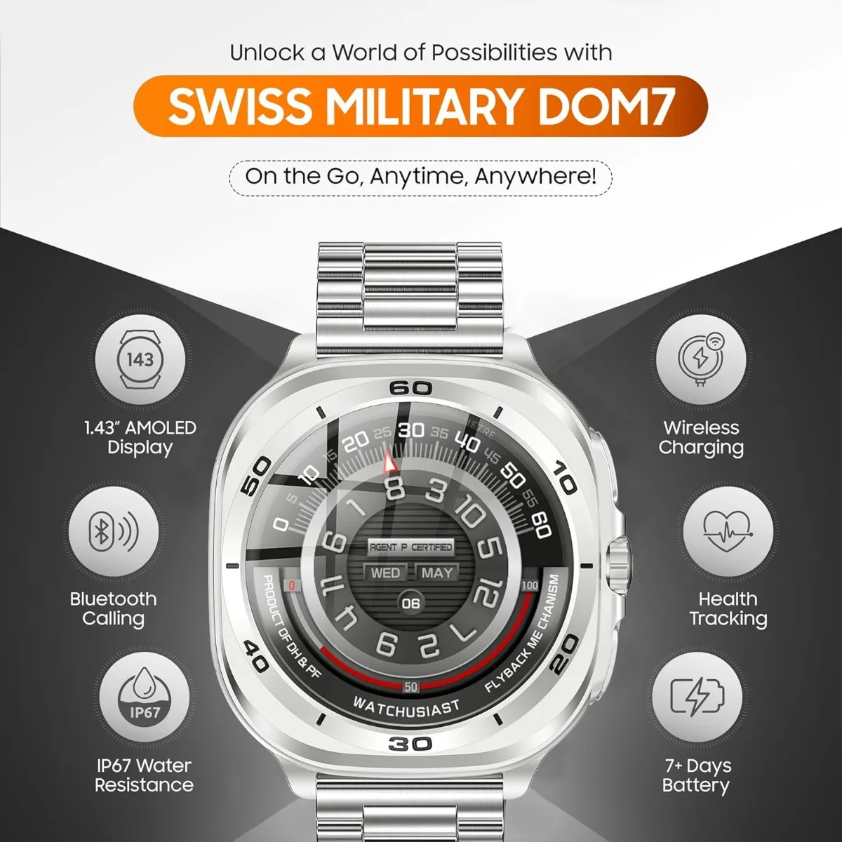 SWISS MILITARY DOM 7 SILVER FRAME WITH SILVER STAINLESS STEEL STRAP SM-WCH-DOM7-SILF-SILSTL thumbnail 2