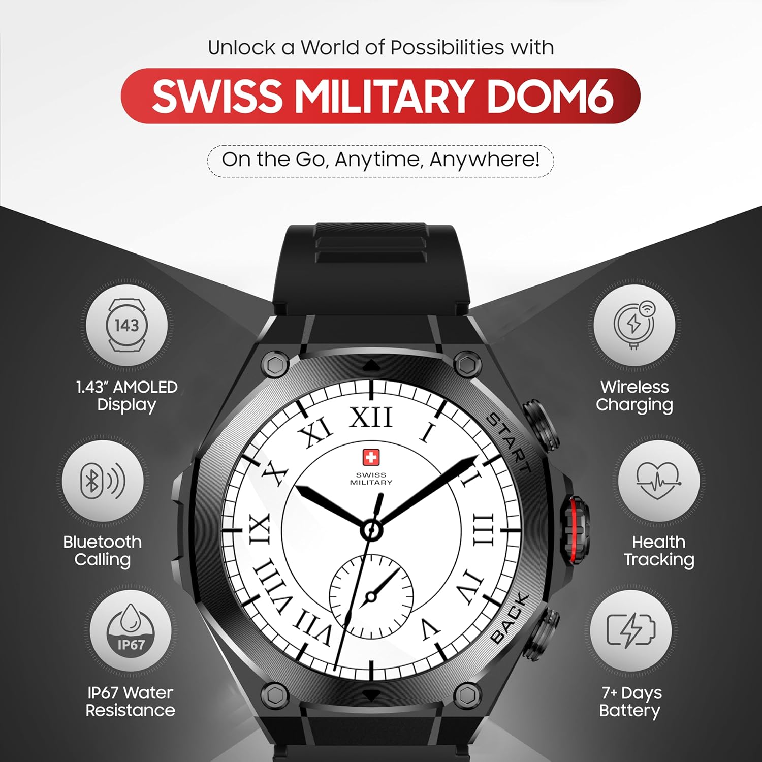 SWISS MILITARY DOM 6 WATCH WITH STAINLESS STEEL STRAP BLACK SM-WCH-DOM6-BLKSS thumbnail 14