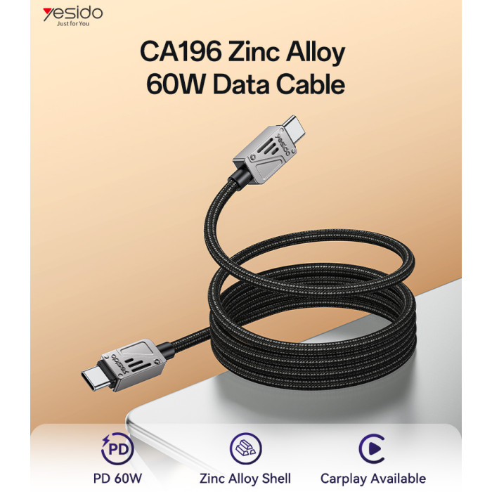 YESIDO 60W USB-C TO USB-C CABLE 1.2M BLACK CA196 thumbnail 6