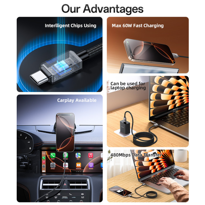YESIDO 60W USB-C TO USB-C CABLE 1.2M BLACK CA196 thumbnail 7