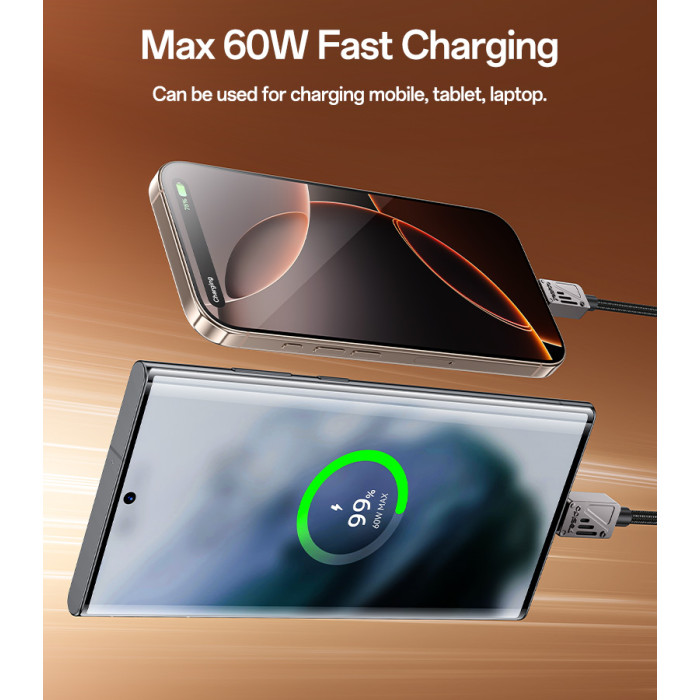 YESIDO 60W USB-C TO USB-C CABLE 1.2M BLACK CA196 thumbnail 8