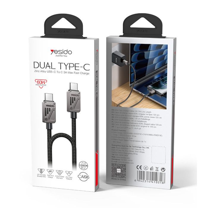 YESIDO 60W USB-C TO USB-C CABLE 1.2M BLACK CA196 thumbnail 9